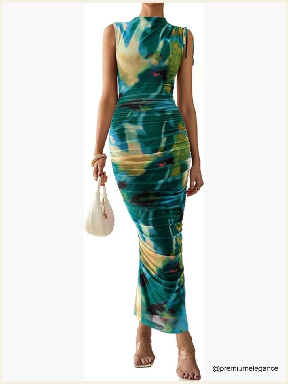 Women's Maxi Ruched Bodycon Cocktail Dress Sleeveless Mesh Formal Wedding Guest
